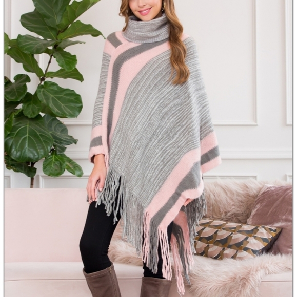 Sweaters - Pink&Grey Turtleneck Poncho Shawl with fringe